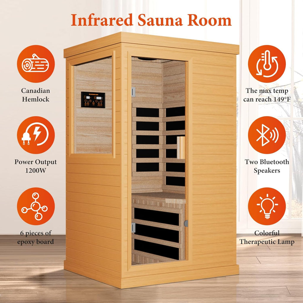 Far Infrared Sauna Home Sauna Spa Room Canadian Hemlock Wood 1200W Indoor Saunas Low EMF 110V with 7 Color Light and Tempered Glass Door, Room: 35.2 * 27.6 * 61.6Inch