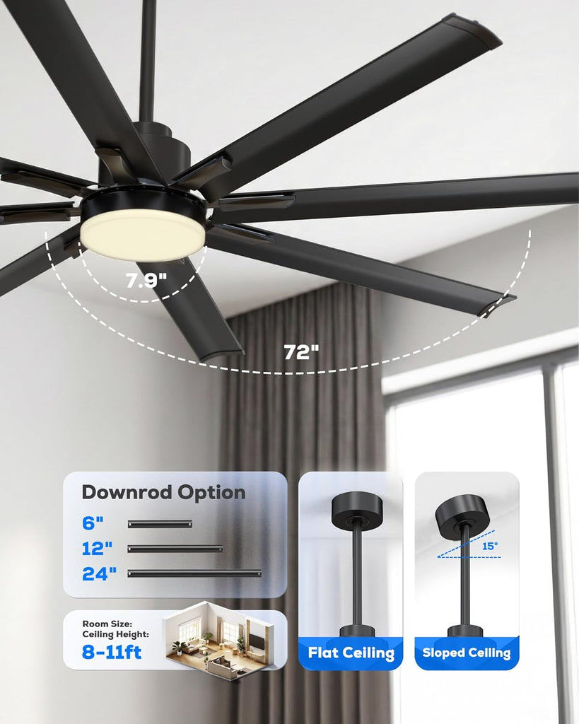 72 Inch Smart Ceiling Fan with Light, Industrial 8-Blade Black Aluminum Metal Outdoor Ceiling Fan