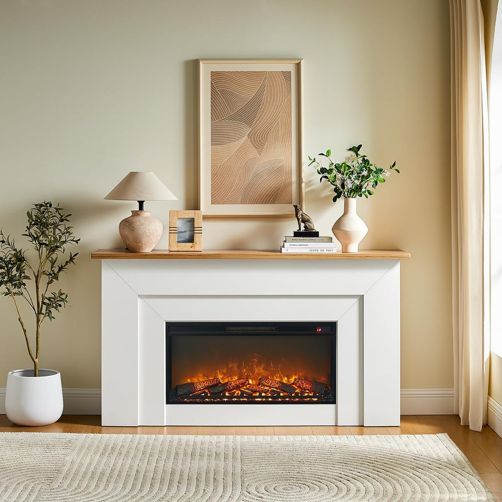 64" Freestanding Electric Fireplace with Wood Mantel, Realistic Flame and Log Display, Replaceable Heater Insert