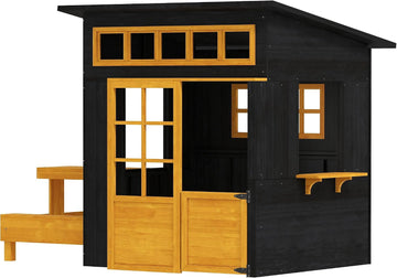 Playhouse - Solid Fir Wood, Chalkboard Panels, Attached Table & Benches, Spacious Interior, Ages 3-8, 76" L