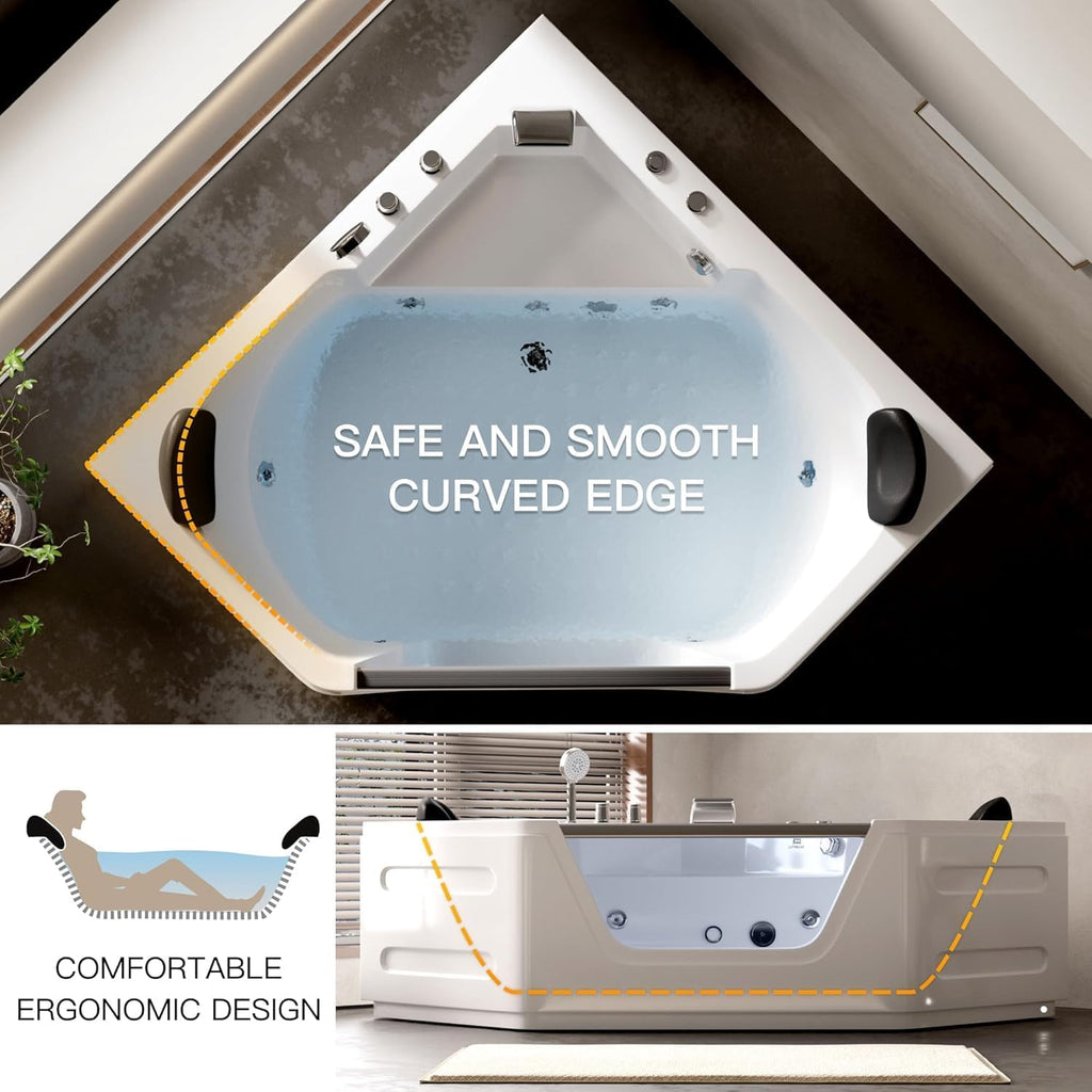 Acrylic Bath Tub with 6 Jetters | Hydromassage SPA Tub for 2 People | 59" Corner Jetted Bathtub with Waterproof