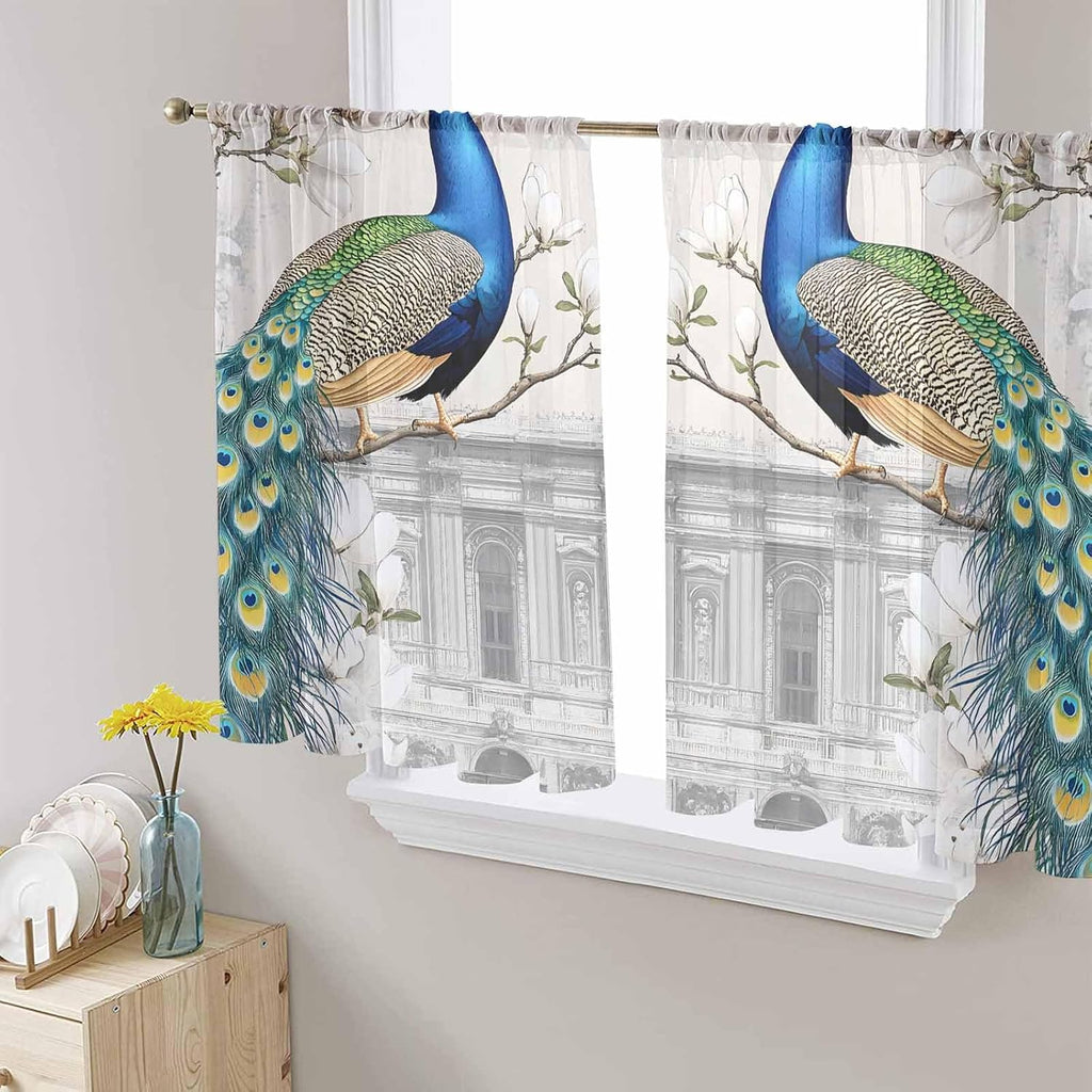 Luxury Peacock Sheer Curtains 45 Inches Length 2 Panels Set, Window Sheer Curtains, Watercolor Vintage Floral Attic