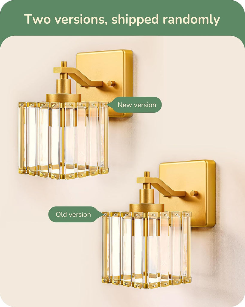 Modern Gold Crystal Wall Sconces Set of 2, Bathroom Vanity Lights | Hardwired, 1-Light, Standard E26 Base, Up Down