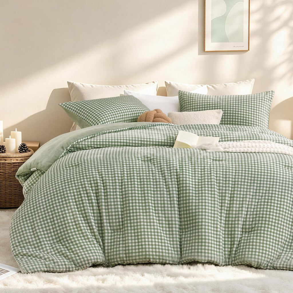 Velvet Flannel Gingham Comforter Set Full, 3 Pcs Sage Blanket
