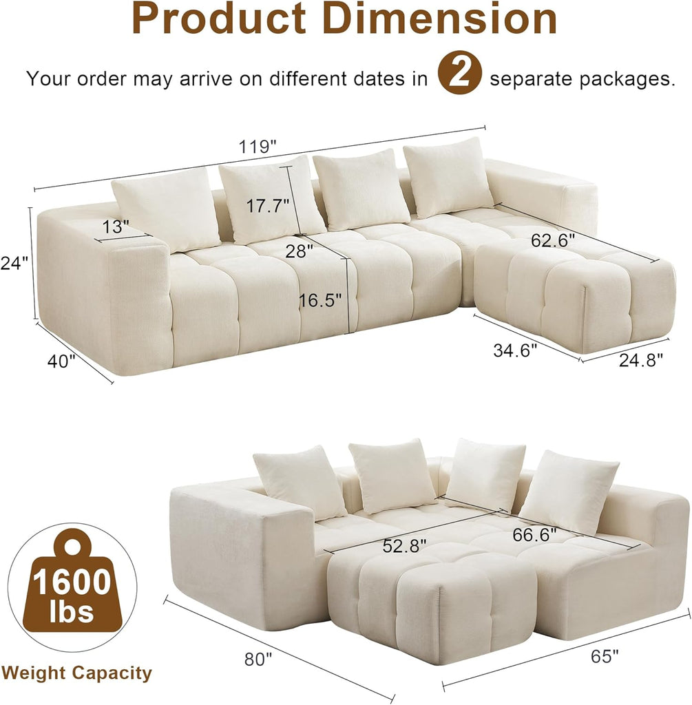 119" Boneless Couch, Cloud Sectional Couch with Deep Seat, High-Density Memory Foam and Chaise