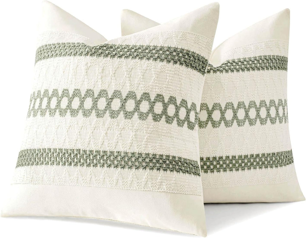 Set of 2 Sage Green Boho Decorative Pillow Covers 18x18 Inch Farmhouse Rustic Couch Throw Pillows Modern Summer