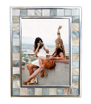 Silver Plate Picture Frame 4x6 Mother of Pearl 4 by 6 Photo Frame Mosaic Glass Tabletop Frame (Grey+ White, 1pc)