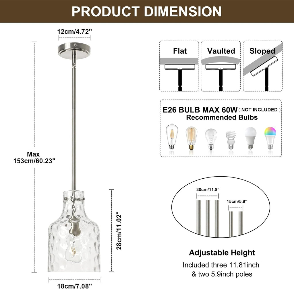 Modern Glass Pendant Lighting for Kitchen Island, Farmhouse Pendant Lights for Dining Room Kitchen Sink, Adjustable