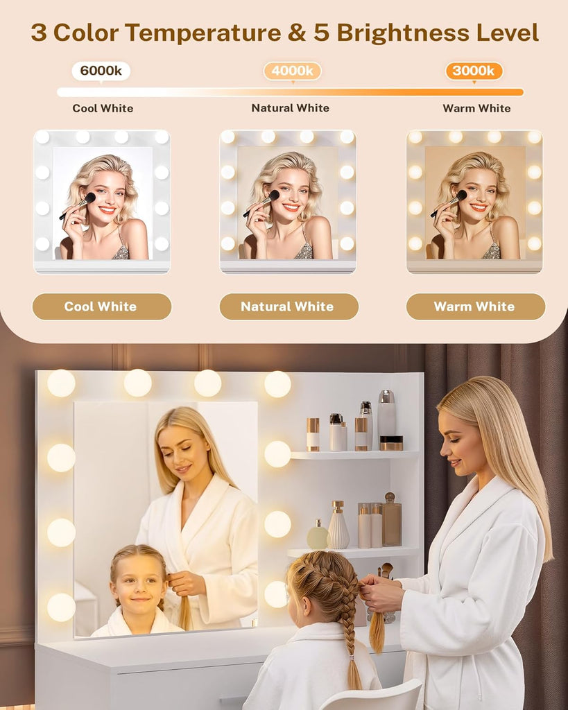 35.4" White Makeup Vanity Desk with 10 Hollywood Light Bulbs | Dimmable Lighting, Large Mirror, Storage Cabinet