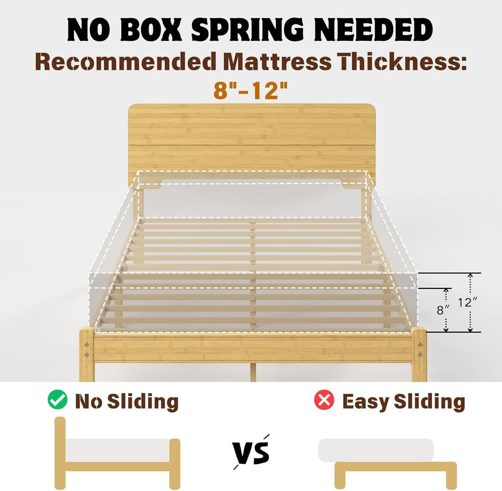 14 Inch Solid Bamboo Wood Queen Bed Frame with Headboard, Platform Bed Frame Queen with Metal Slats, No Box Spring