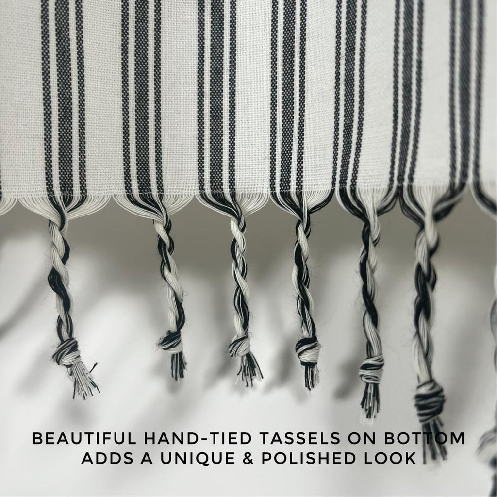 Modern Transitional Stripe Shower Curtain with Tassels - Vertical Off White/Cream with Black Striped Lines, 72" x 72"