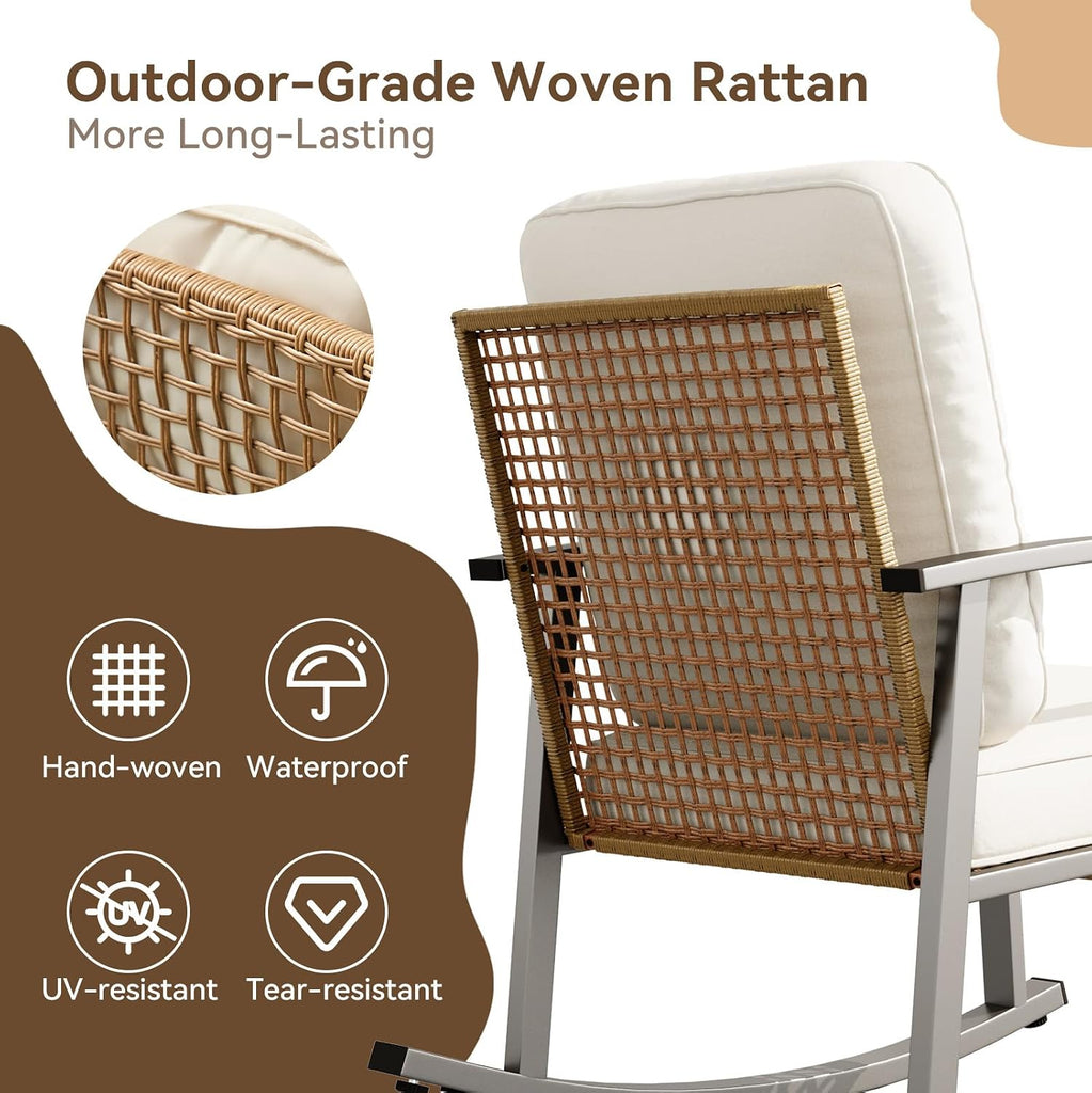 3-Piece Outdoor Rocking Bistro Set, Patio Furniture Set with Coffee Table and Thick Cushions, Wicker Rocking Chairs