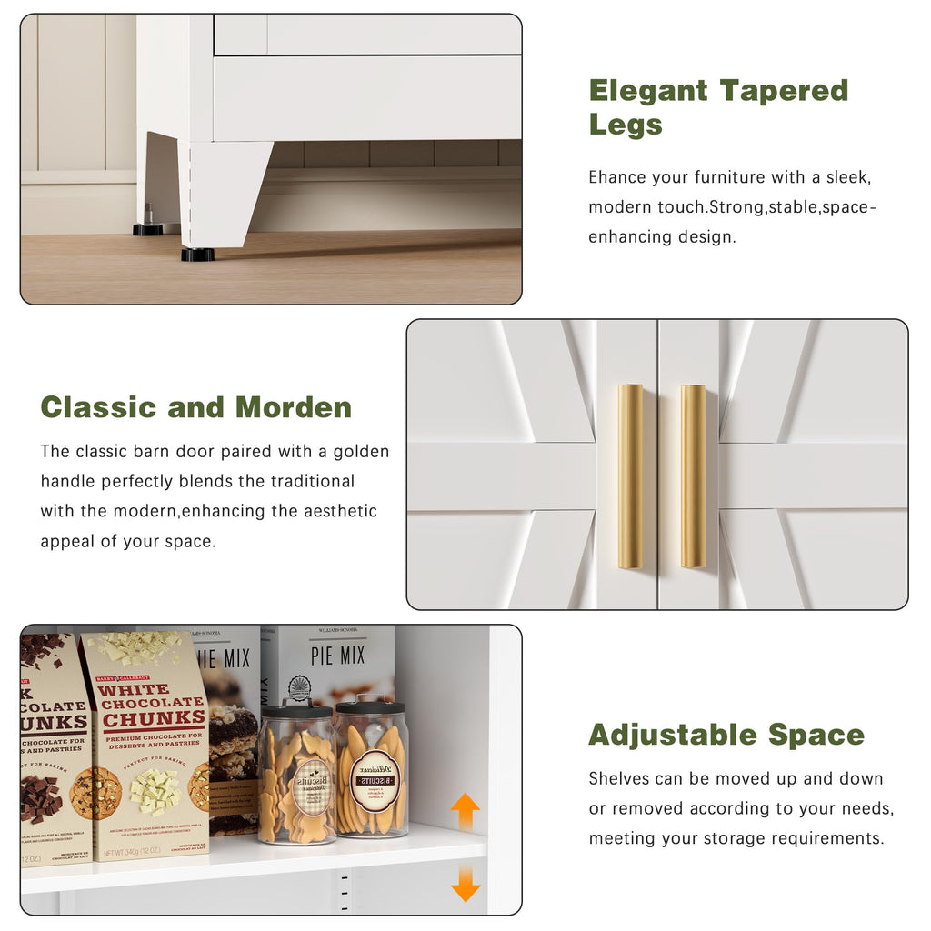 White Farmhouse Storage Kitchen Pantry Cabinet with 2 Barn Door, 3 Adjustable Shelves and Legs, for Cupboard/Dining