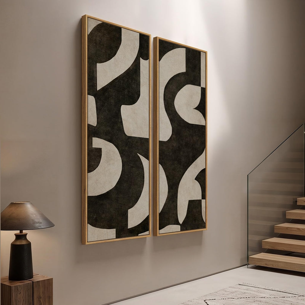 Large Framed Neutral Black Beige Abstract Vertical Wall Art Decor, 2 Pieces