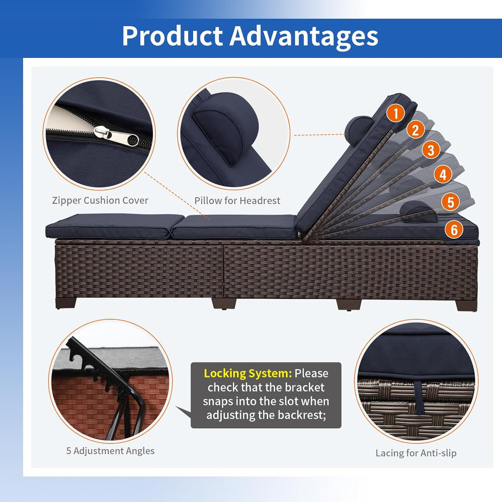 Outdoor Chaise Lounge Set of 2 Brown Wicker Patio Chaise Lounge Chairs Pool Lounge Chairs Multi-Angle Adjustable
