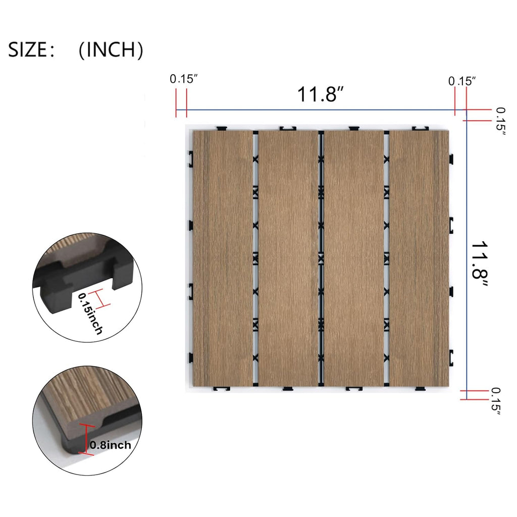 11 PCS Wood Plastic Composite Interlocking Deck Tiles 12" x 12" Indoor Outdoor Waterproof DIY Installation Flooring All