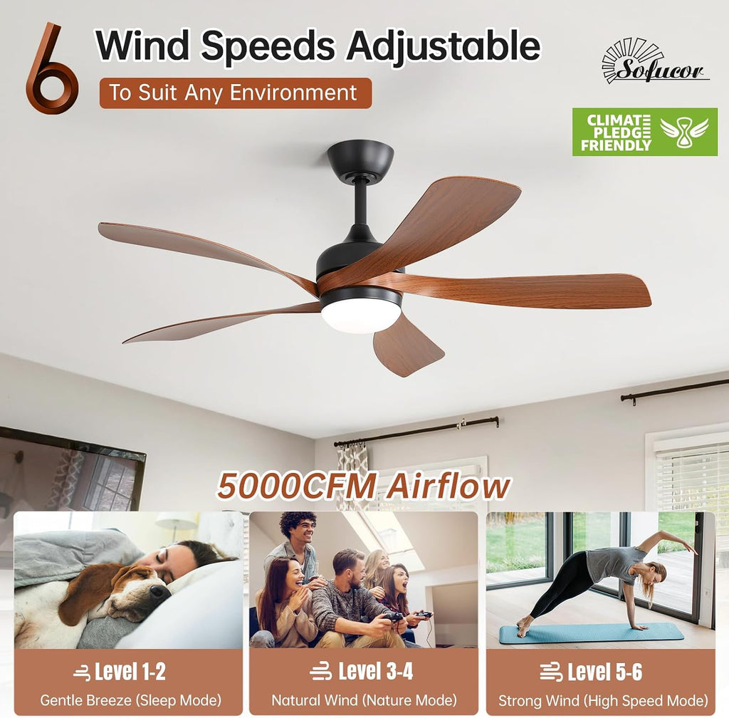 52 Inch Smart Ceiling Fan with Light, Modern Ceiling Fan with Dimmable Memory LED, Compatible with Alexa/Google/App