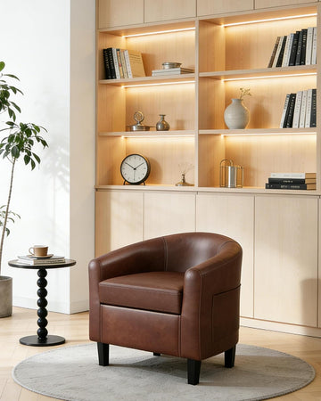 Accent Chair Faux Leather Barrel Chairs Club Armchair with Soft Seat Bedroom Reading Waiting Room - Brown - Set of 2