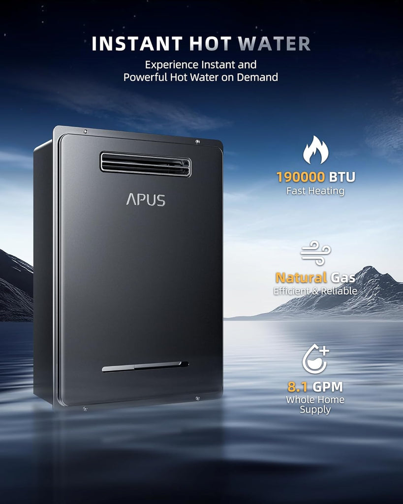 190, 000 BTU Outdoor Tankless Water Heater, 8.1 GPM Natural Gas Instant Hot Water Heater with WiFi & Remote Control