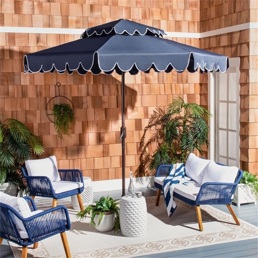 9ft Round Double-Top Patio Umbrella with Crank Lift & UV Protection - Navy/White