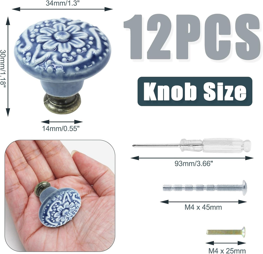 12 Pcs Light Blue Vintage Round Ceramic Cabinet Knobs and Pulls for Drawer, Cupboard, Closet Door