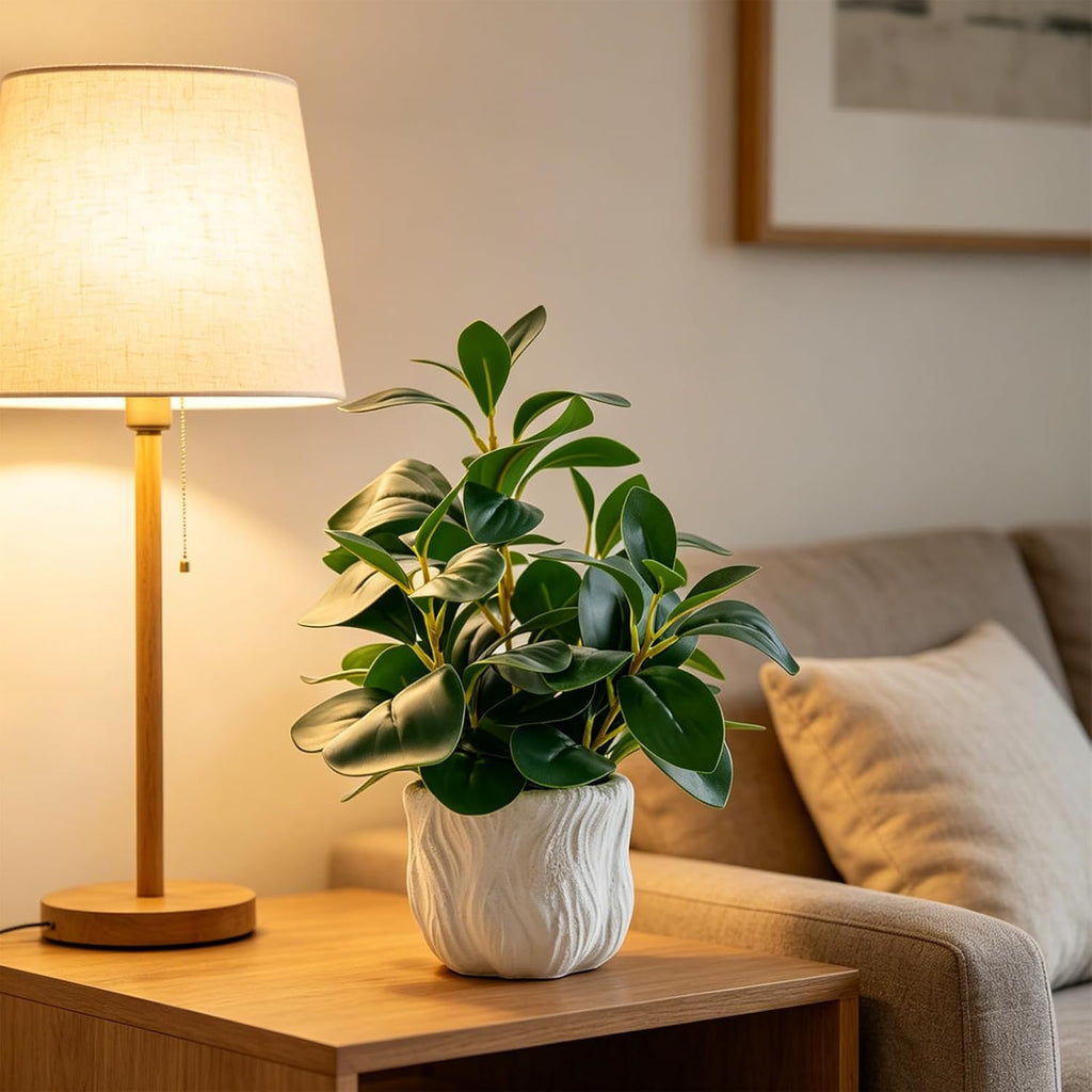 14" Artificial Potted Plant with Thick Leaves in White Textured Pot | Realistic Thick Leaves , Compact Desk & Shelf