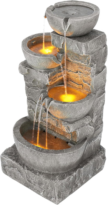 33.25 in. Cascading Bowls and Stacked Stones LED Outdoor Water Fountain for Gardens, Landscaping, Patios, Balconies
