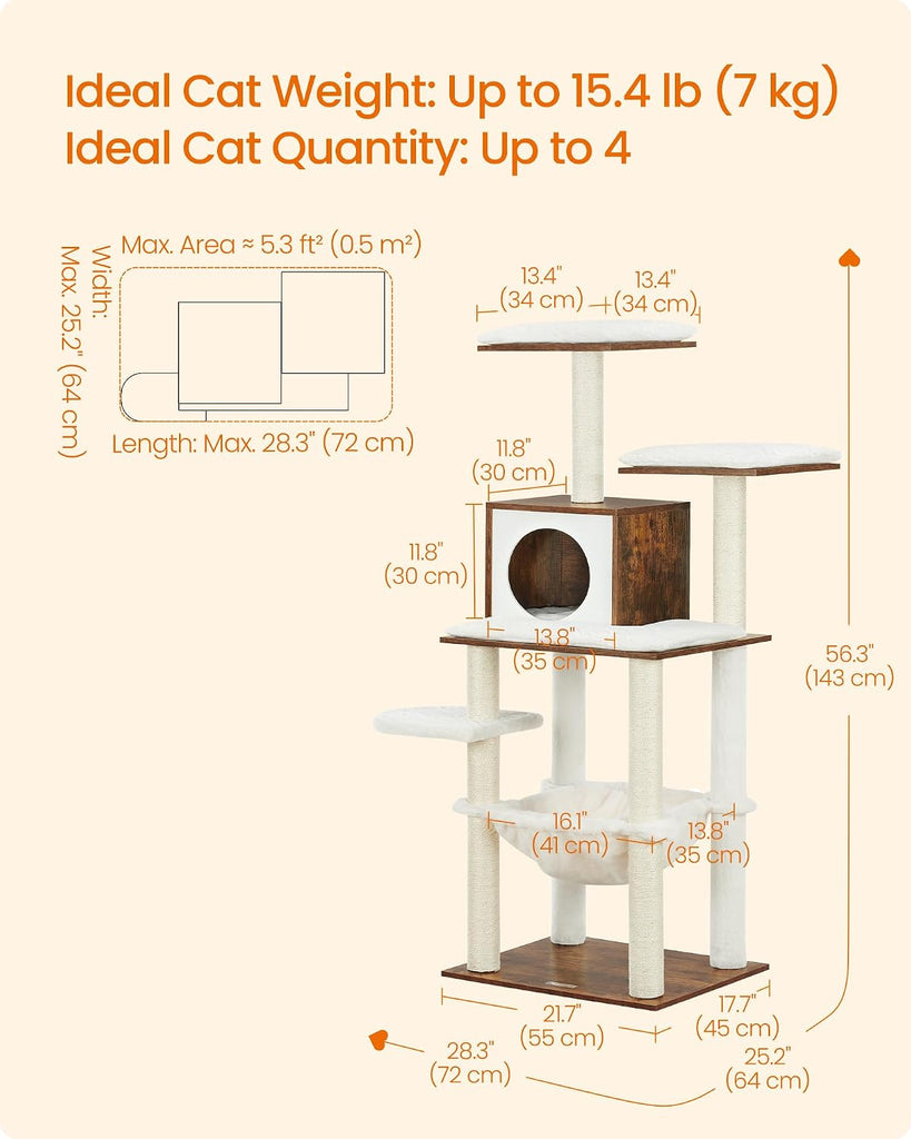 Cat Tree, 56.3-Inch Contemporary Cat Tower, Multi-Level Condo