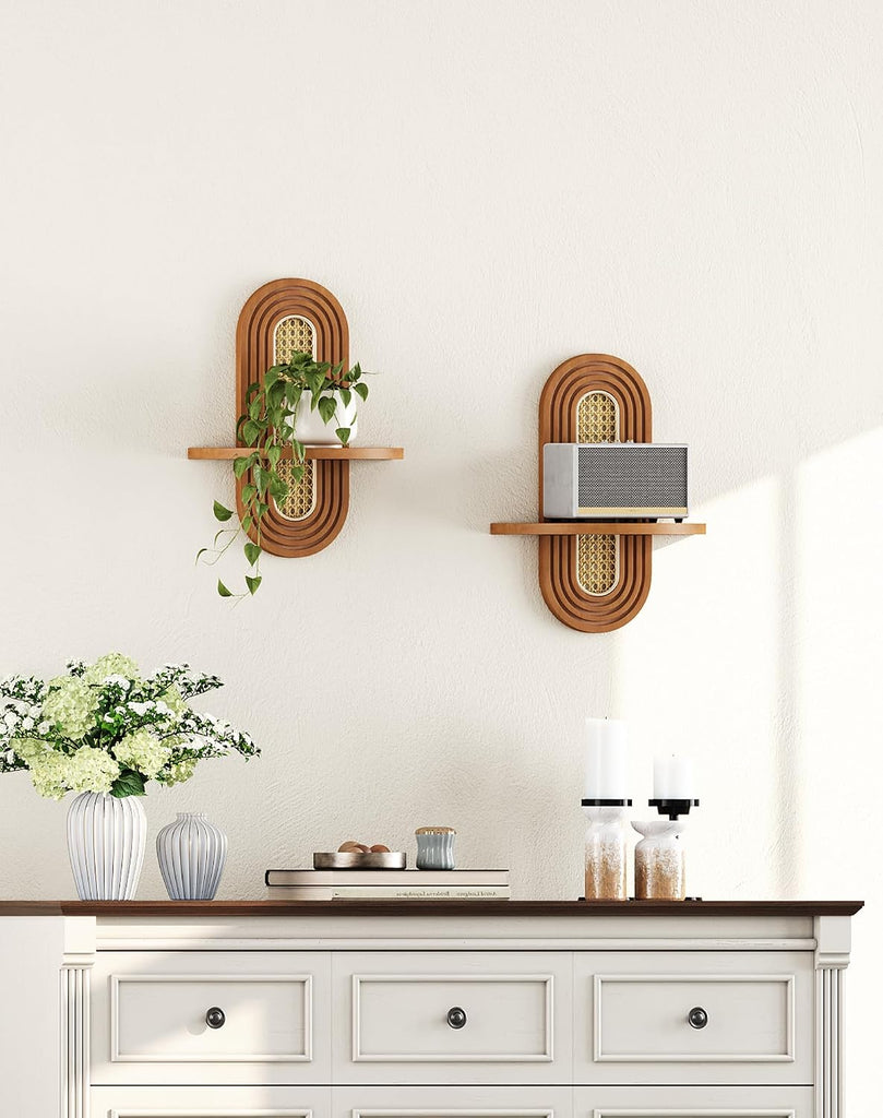 Floating Shelves for Wall, Boho Home Wall Decor,Rattan Plant Shelf Set of 2, Mid Century Small Decorative Shelf