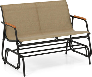 Patio Glider Bench, 2-Person Swing Gliding Loveseat with Curved Teak Armrests, Fabric Seat, Metal Frame, Load 660lbs
