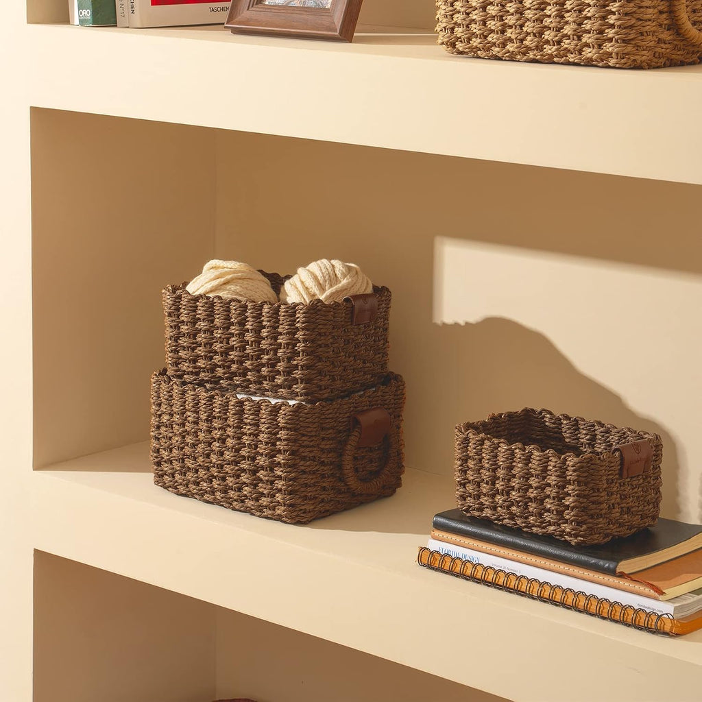 Small Wicker Baskets for Organizing, Brown 3 Pack | Decorative Organizer with Vegan Leather Tag, Round Handle
