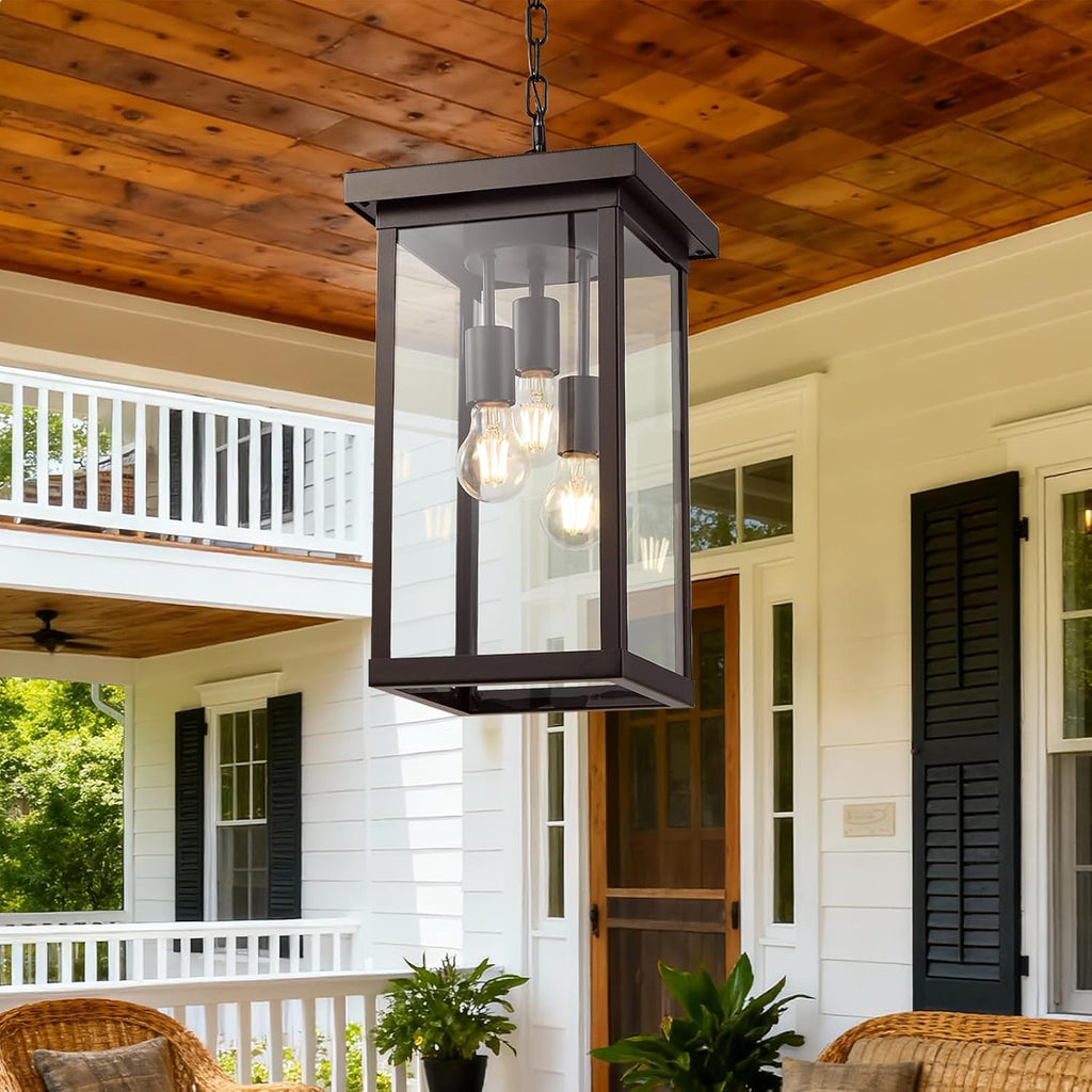 16'' Large Outdoor Pendant Light 3-Lights Oil Rubbed Bronze Outdoor Chandelier Exterior Hanging Porch Light Fixtures
