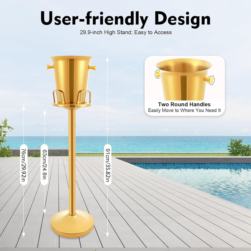 Gold Champagne Ice Bucket with Stand, 1.32 gal 35.8in Tall Stainless Steel Wine Chiller on Stand, 12 Lb Beverage Tub