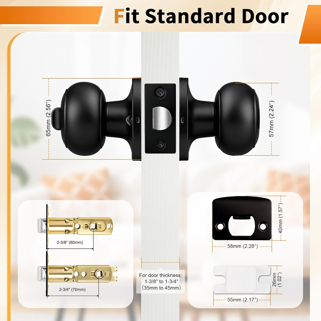 Black Door Knobs Bathroom, Interior Door Knob with Round Ball, Matte Black Privacy Door Knob, 6 Pack