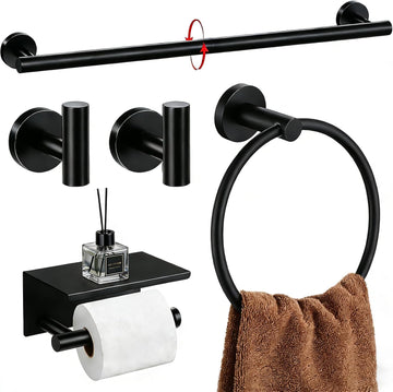 5-Piece Bathroom Hardware Set, Matte Black Bathroom Accessories Set with 24" Towel Bar, Toilet Paper Holder with