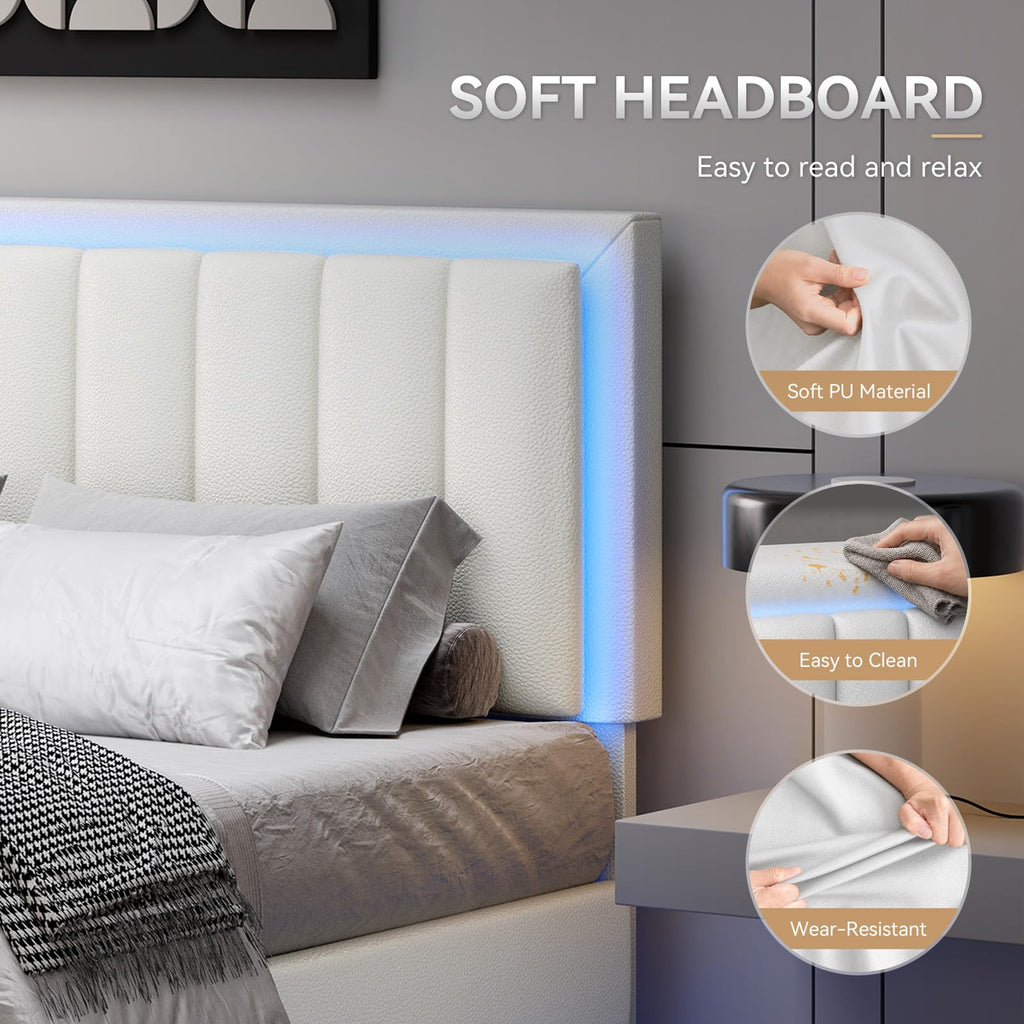 King Size Floating Bed Frame with LED Lights, Upholstered Platform Bed with Headboard, 11 in Storage Clearance, Solid