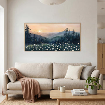 Mountain Floral Landscape Framed Canvas Wall Art Set,Watercolor Forest Wall Decor,Misty Pine Tree Art Prints,Nature