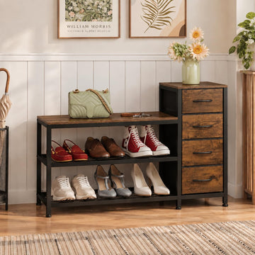 Industrial Shoe Storage Bench with 4 Drawers & Seat, Rustic Brown