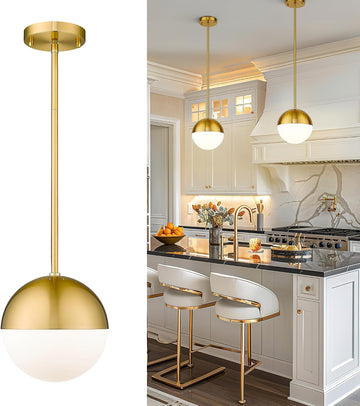 Modern Pendant Lighting Gold Globe Pendant Light Fixture, Mid Century Chandelier One Light Hanging Fixture for Kitchen Island, Adjustable Indoor Lighting for Dinning Room Bedroom, LMS-187