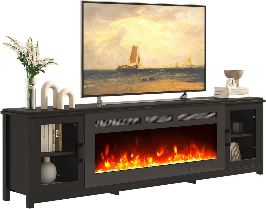 80 Inch Fireplace TV Stand with 50 Inch Electric Fireplace, Modern Entertainment Center with Adjustable Shelves and Glass Door for TVs up to 90 Inches, Black