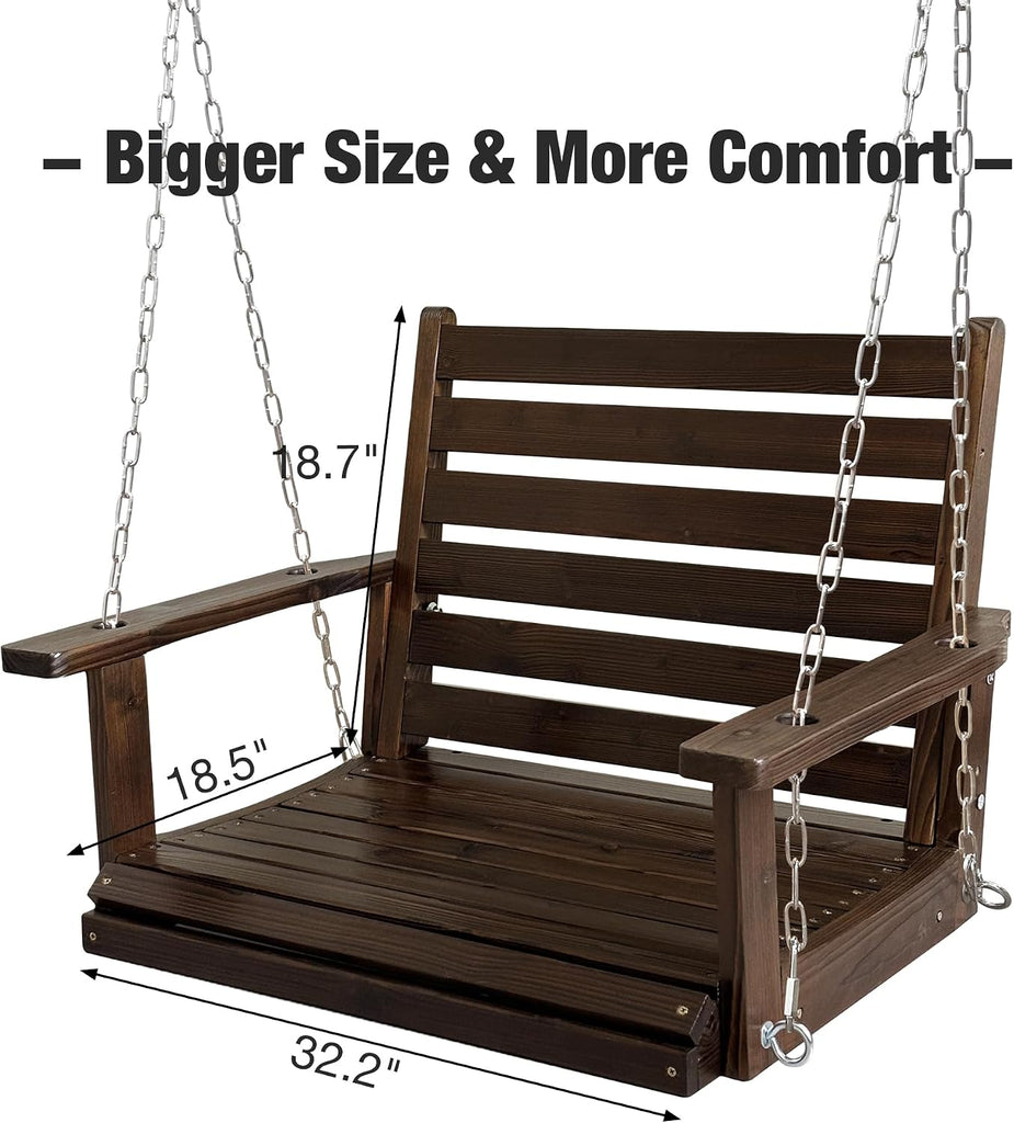 Wooden Porch Swing, Ergonomic Seat, Bench Swing with Hanging Chains and 7mm Springs, Heavy Duty 880 LBS, for Outdoor
