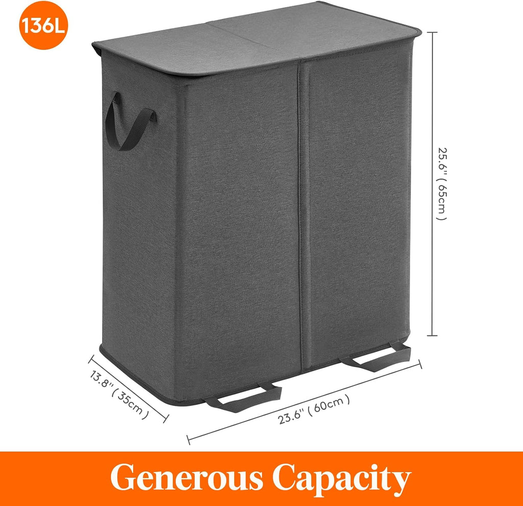 Double Laundry Hamper with Lid and Removable Laundry Bags, Large Collapsible 2 Dividers Dirty Clothes Basket with