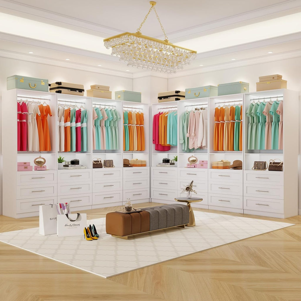 Closet System of 2 Sets with 6 Drawers, 4FT-10FT Modular Closet Organizer Systems Shelving, Wood Closet Systems for
