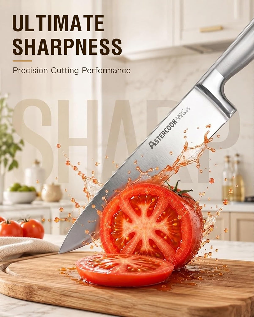 Knife Set 15 Piece German Steel Kitchen Knife Block Set | Wooden Block with Built-in Sharpener, One-Piece Design