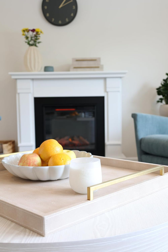 24"x24" Oversized Square Ottoman Tray , Extra Large Ivory Shagreen Leather Decorative Tray for Coffee Table,Wooden