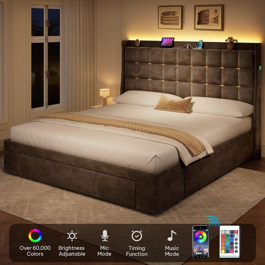 Queen Bed Frame with 3 Storage Drawers and RGB LED Lights