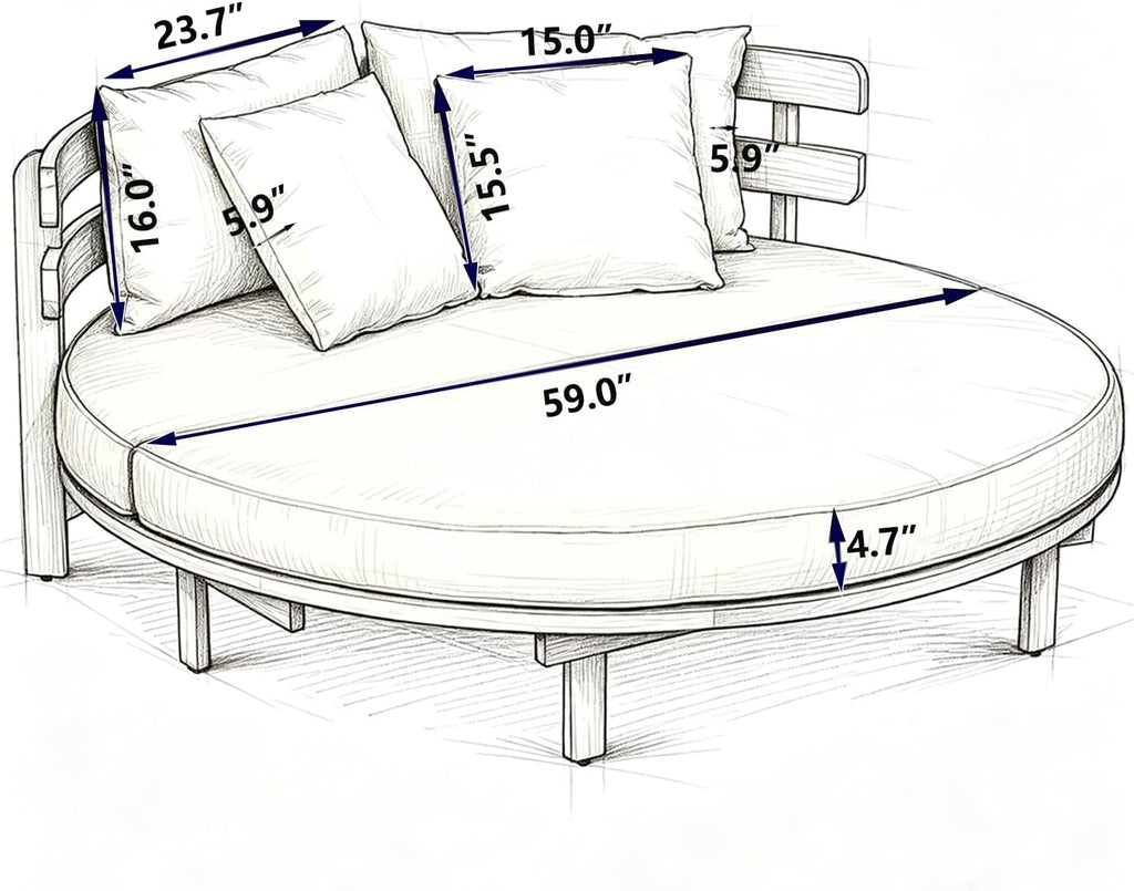 Outdoor Acacia Wood Round Daybed with Curved Slatted Backrest, Cushion and 4 Pillows, All Weather Patio Double