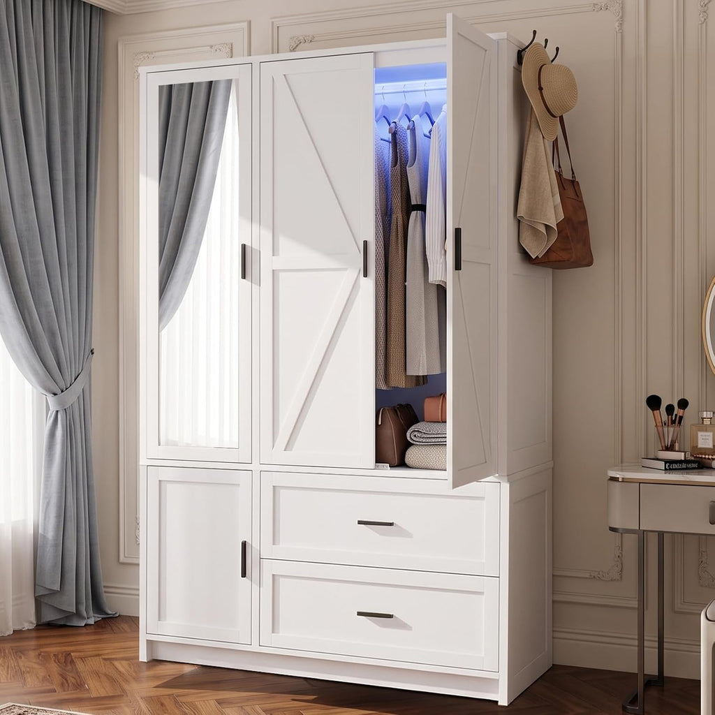 Wooden Wardrobe Closet Armoire with 3 Doors, White Storage Cabinet with Mirror and Led Lights, Bedroom Large Capacity