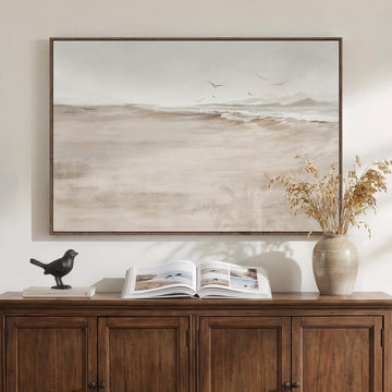 Framed Neutral Coastal Beach Canvas Wall Art, Abstract Landscape Canvas Prints Paintings for Walls, Large Beige