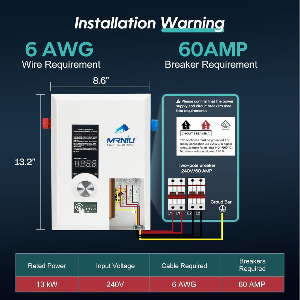24Kw 240V Electric Tankless Water Heater, LED Temperature Display, On-Demand Instant Hot Water